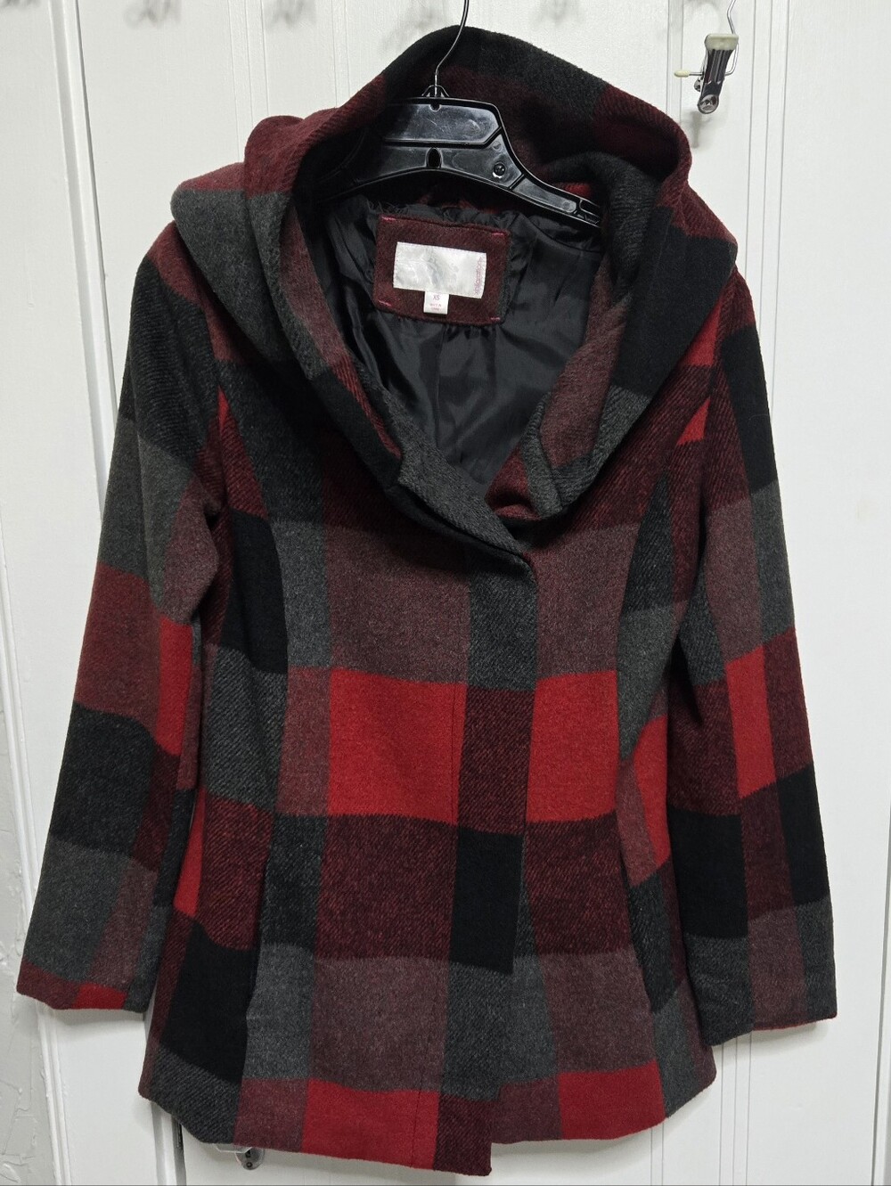 Xhilaration Red & Gray Hooded Plaid Pea Coat